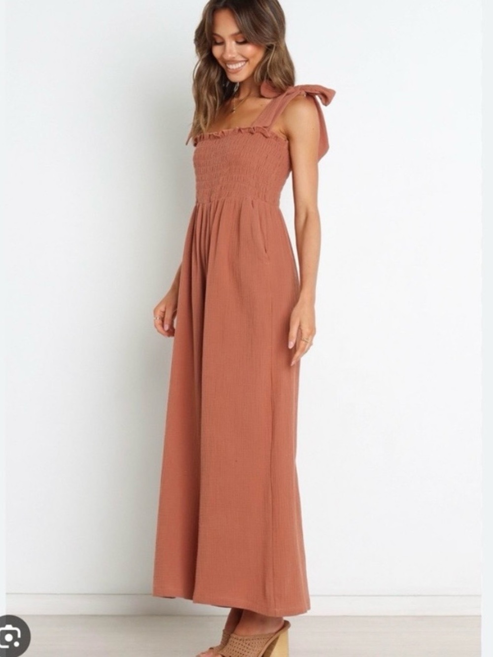 Petal & Pup Smocked Tie Shoulder Wide Leg Jumpsuit